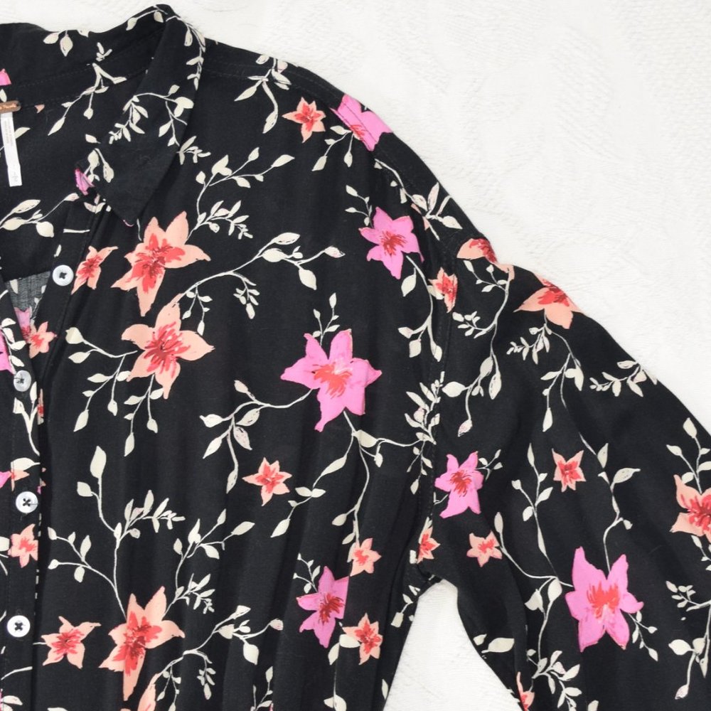 Free People Lighten Up Black Pink Orange Floral Combo Long Sleeve Shirt Dress L - Picture 4 of 16